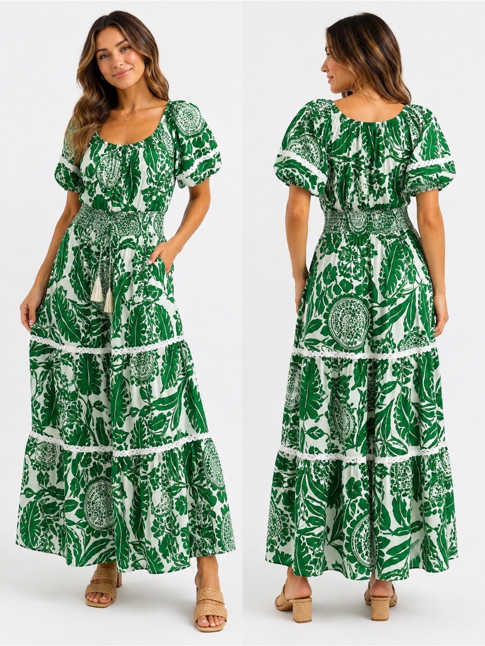 Mlle Gabrielle Green Printed Puff-Sleeve Maxi Dress